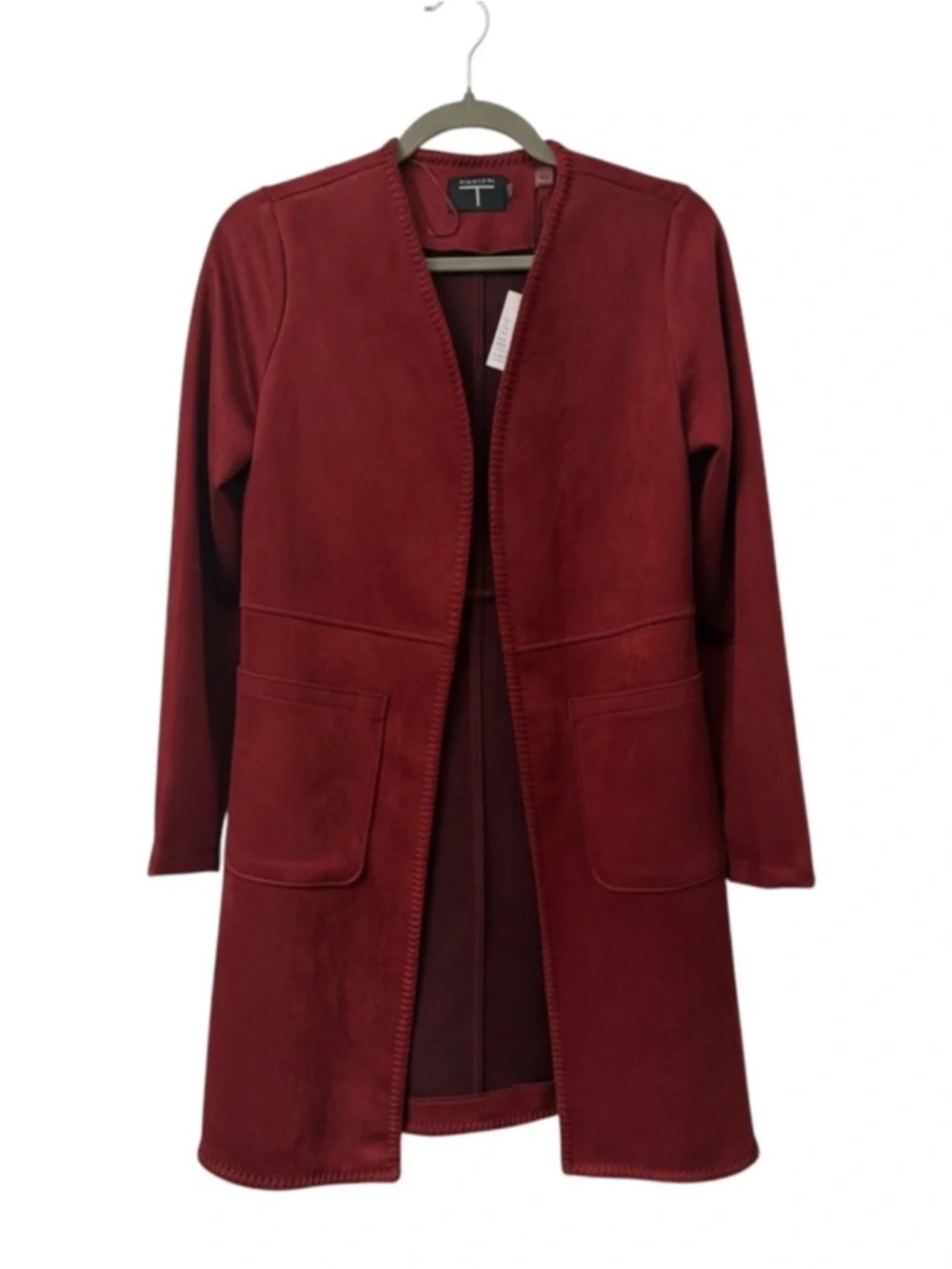 NWT Tahari Faux Leather Merlot Open Front Long Coat Whipstitch Trim Sz XS $118